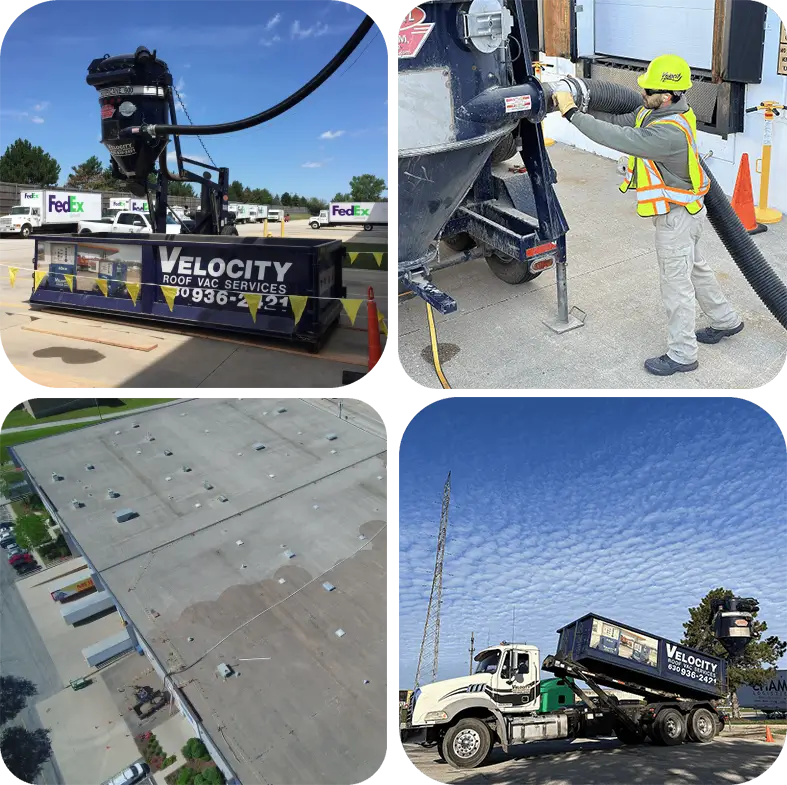 Commercial roof vacuum truck and worker